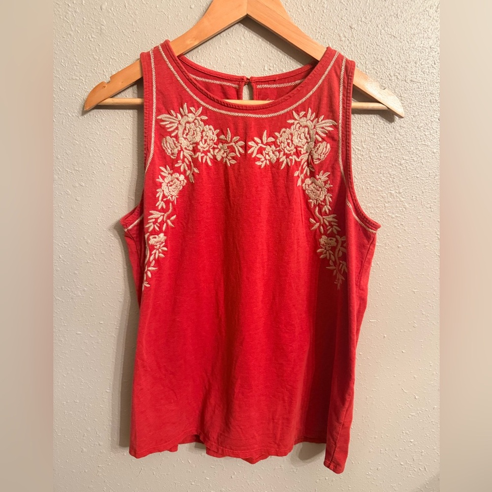 Garnet Hill Red Sleeveless Tank with Cream Floral Embroidery - Picture 2 of 8